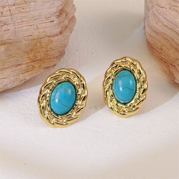 Gold Tone Faux Turquoise Oval Cabochon Stud Earrings Classic Lightweight Elegant - Picture 1 of 8